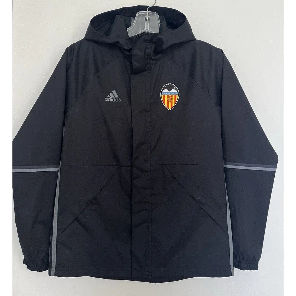 NWOT Adidas Valencia CF Youth Rain Jacket Windbreaker Black Hooded Size M 11-12